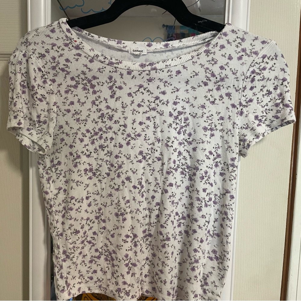 Garage White and Purple Floral Ribbed Tee